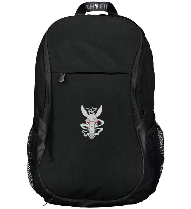 a Mendocino Rugby Club Free Form Rugby Backpack with a white rabbit on it.