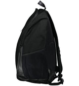 a black backpack with a zipper on the side.