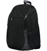 A black Free Form Rugby Backpack from Augusta Sportswear with a zipper on the front.