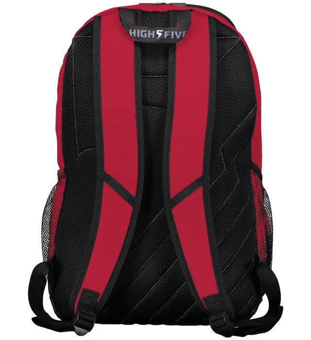 An Augusta Sportswear Free Form Rugby Backpack in red and black on a white background.