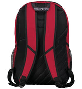 An Augusta Sportswear Free Form Rugby Backpack in red and black on a white background.