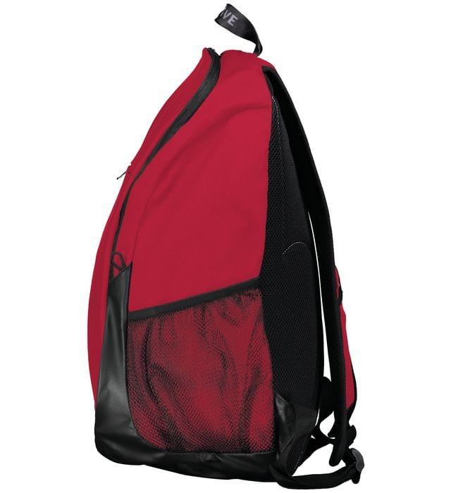 An Augusta Sportswear Free Form Rugby Backpack in red and black with a zippered pocket.