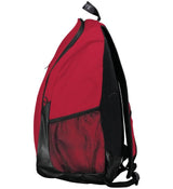 An Augusta Sportswear Free Form Rugby Backpack in red and black with a zippered pocket.