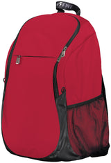 a red and black backpack with a mesh pocket.