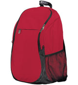 An Augusta Sportswear Free Form Rugby Backpack with a mesh pocket in red and black.