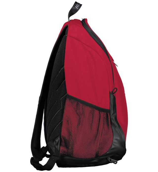An Augusta Sportswear Free Form Rugby Backpack in red and black on a white background.