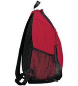 An Augusta Sportswear Free Form Rugby Backpack in red and black on a white background.