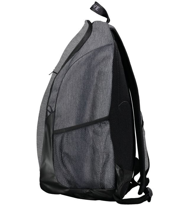 An Augusta Sportswear Free Form Rugby Backpack with a gray body and a black strap.