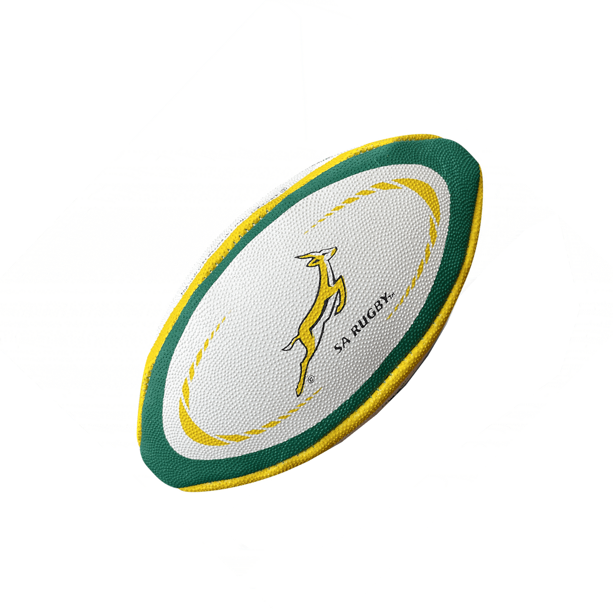 The South Africa Springboks Replica Mini Ball by Gilbert features vibrant green, yellow, and white colors, complete with the iconic Springbok logo and "SA RUGBY" text, making it perfect for supporting the Springboks.