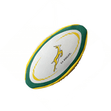 The South Africa Springboks Replica Mini Ball by Gilbert features vibrant green, yellow, and white colors, complete with the iconic Springbok logo and "SA RUGBY" text, making it perfect for supporting the Springboks.