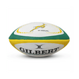 The South Africa Springboks Replica Mini Ball by Gilbert showcases a green and yellow design with the "SA Rugby" logo on a white background. As an ideal choice for any Springboks fan, it embodies the spirit of a South Africa Replica Rugby Ball in a compact size.
