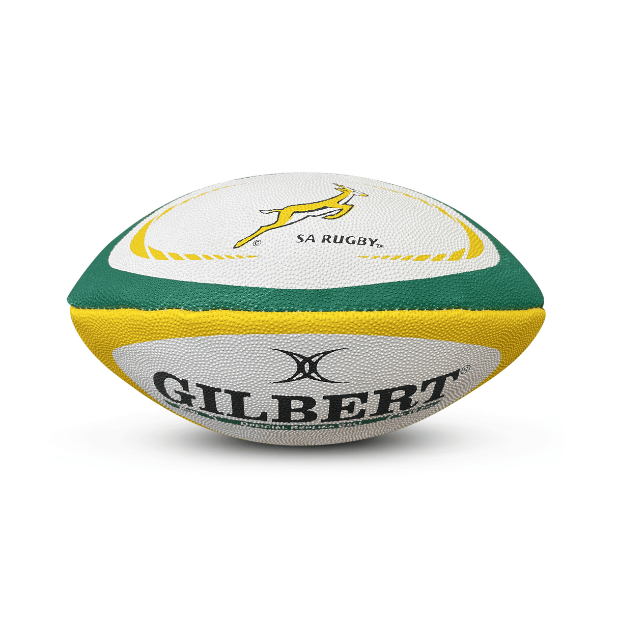 The South Africa Springboks Replica Mini Ball by Gilbert showcases a green and yellow design with the "SA Rugby" logo on a white background. As an ideal choice for any Springboks fan, it embodies the spirit of a South Africa Replica Rugby Ball in a compact size.