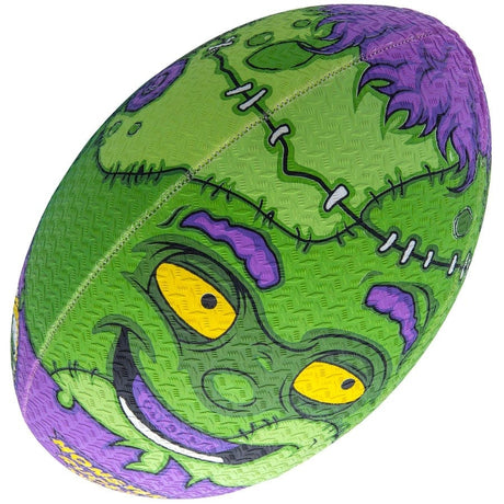 A close up of a green and purple Gilbert BALL RANDOMS FRANKIE SZ 5 football.