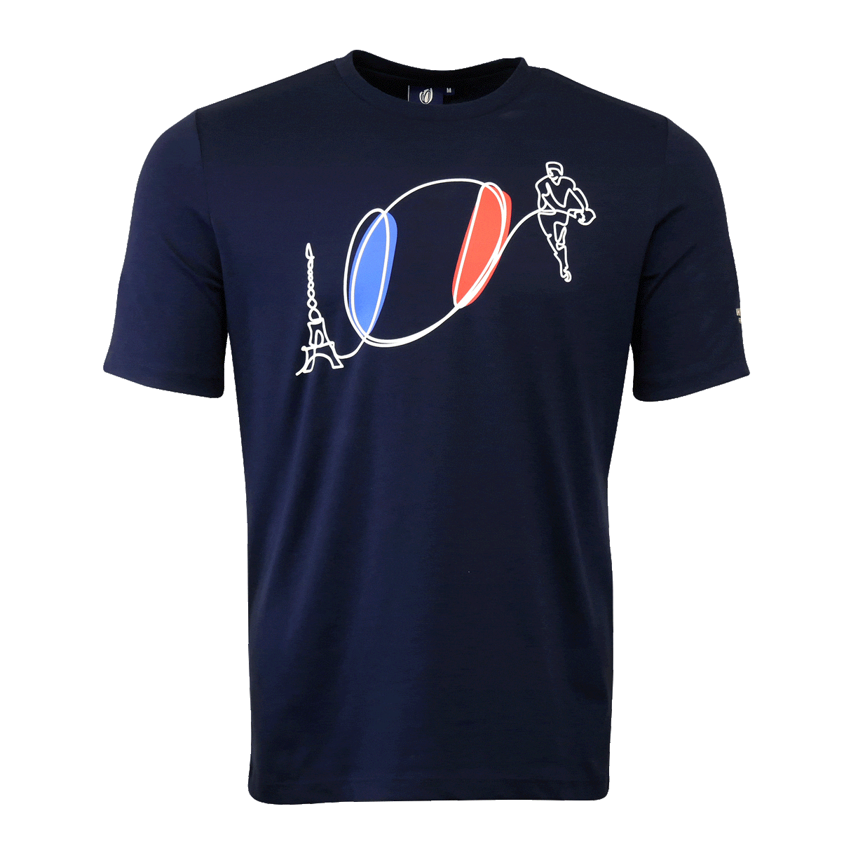 Navy round neck short sleeve t-shirt with flag ball image in center of chest.