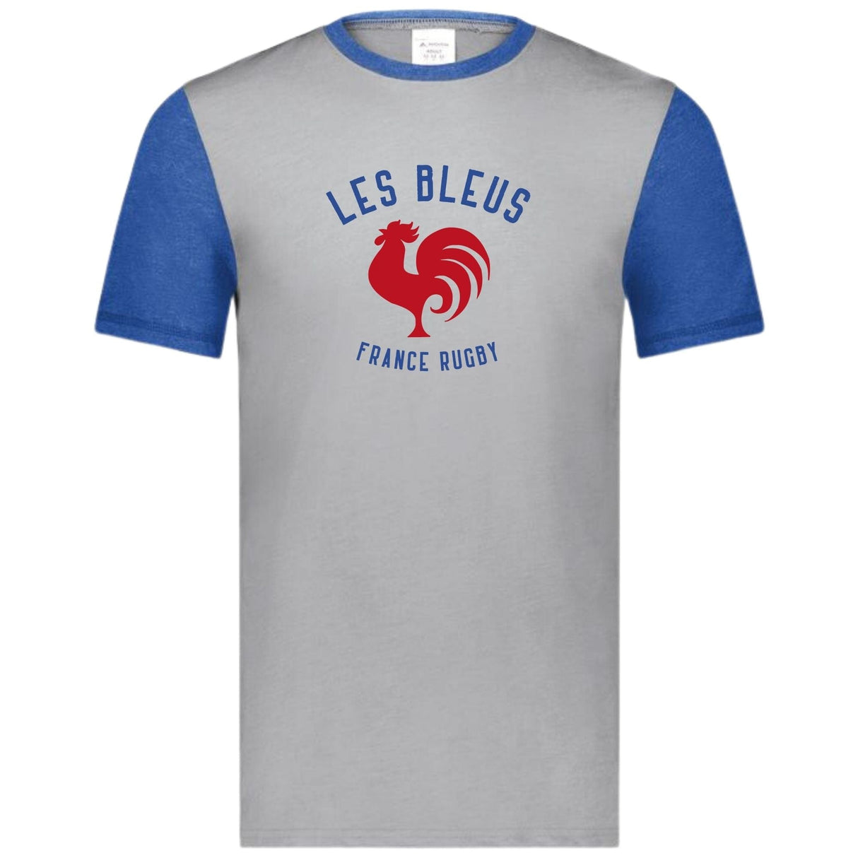 Grey tee with royal blue sleeves and collar and a center front, blue and red Les Bleus France Rugby design featuring a rooster.