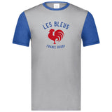 Grey tee with royal blue sleeves and collar and a center front, blue and red Les Bleus France Rugby design featuring a rooster.