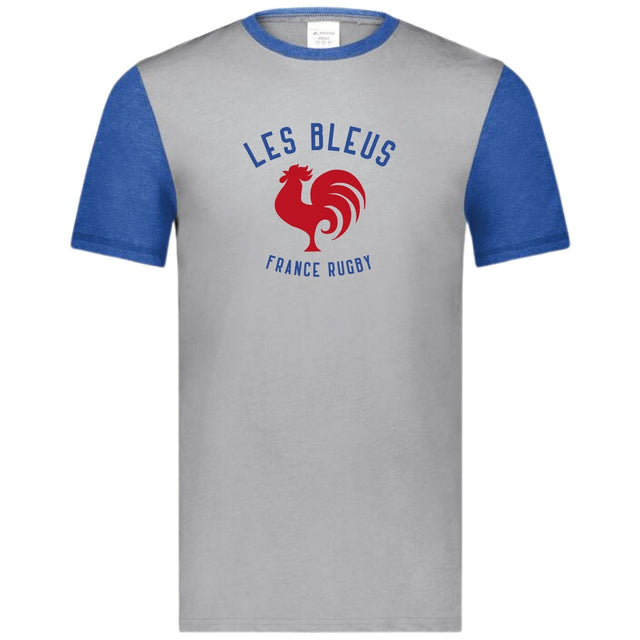 Grey tee with royal blue sleeves and collar and a center front, blue and red Les Bleus France Rugby design featuring a rooster.