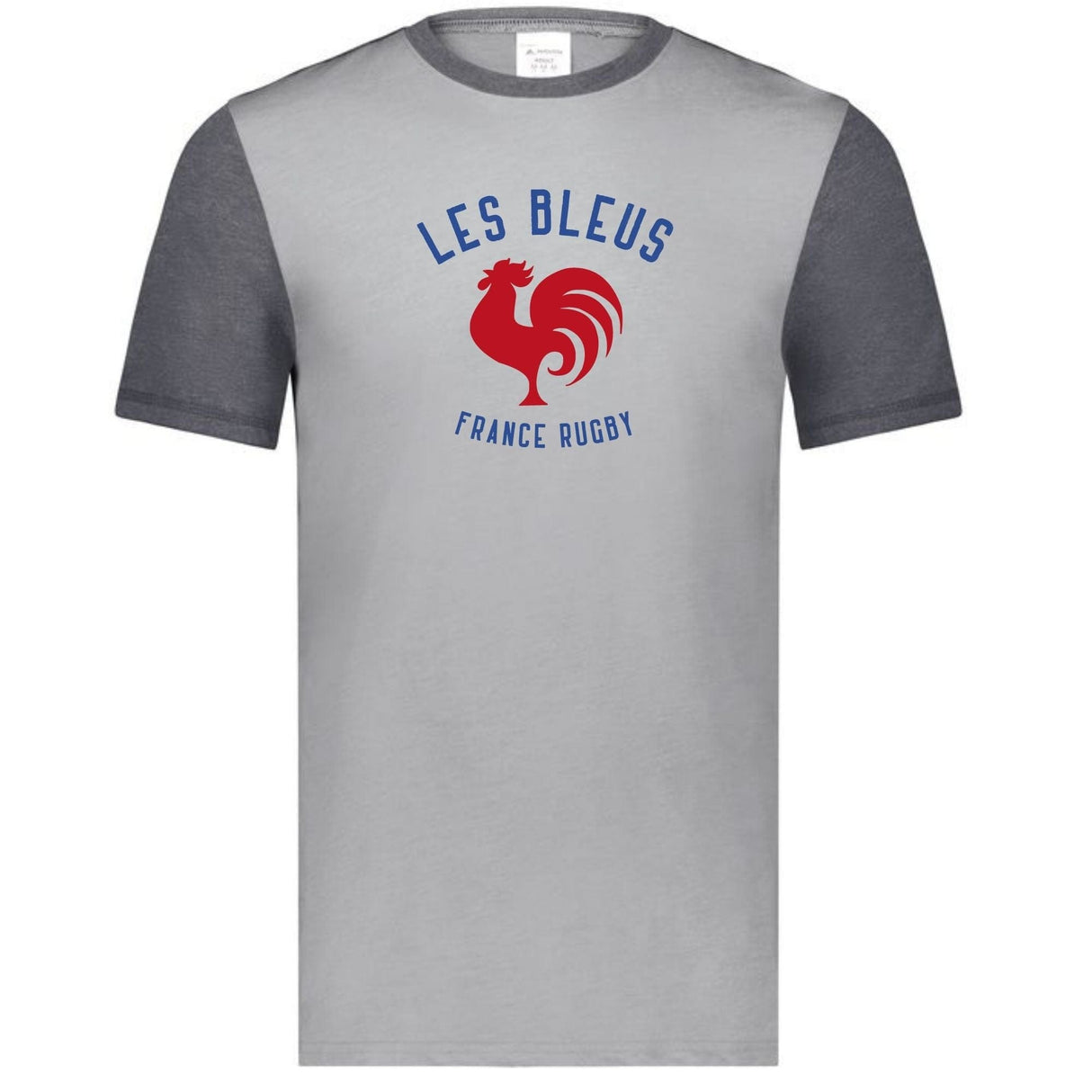 Grey tee with carbon grey sleeves and collar and a center front, blue and red Les Bleus France Rugby design featuring a rooster.