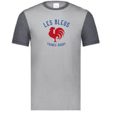 Grey tee with carbon grey sleeves and collar and a center front, blue and red Les Bleus France Rugby design featuring a rooster.
