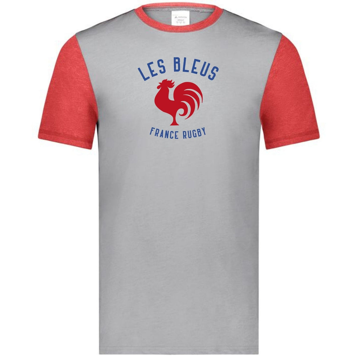 Grey tee with red sleeves and collar and a center front, blue and red Les Bleus France Rugby design featuring a rooster.