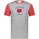 Grey tee with red sleeves and collar and a center front, blue and red Les Bleus France Rugby design featuring a rooster.