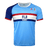 Light blue jersey with round neck and short sleeves. Right shoulder and sleeve in dark blue trimmed in red. Left sleeve in light blue trimmed in red. Fiji partial flags on upper left chest with Fiji Rugby in the center of red and dark blue horizontal lines.