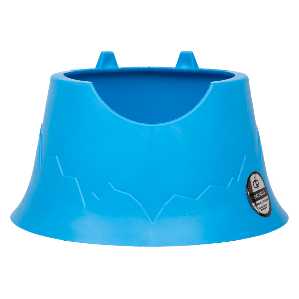 a Rugby Bricks blue dog bowl with a hole in the middle.