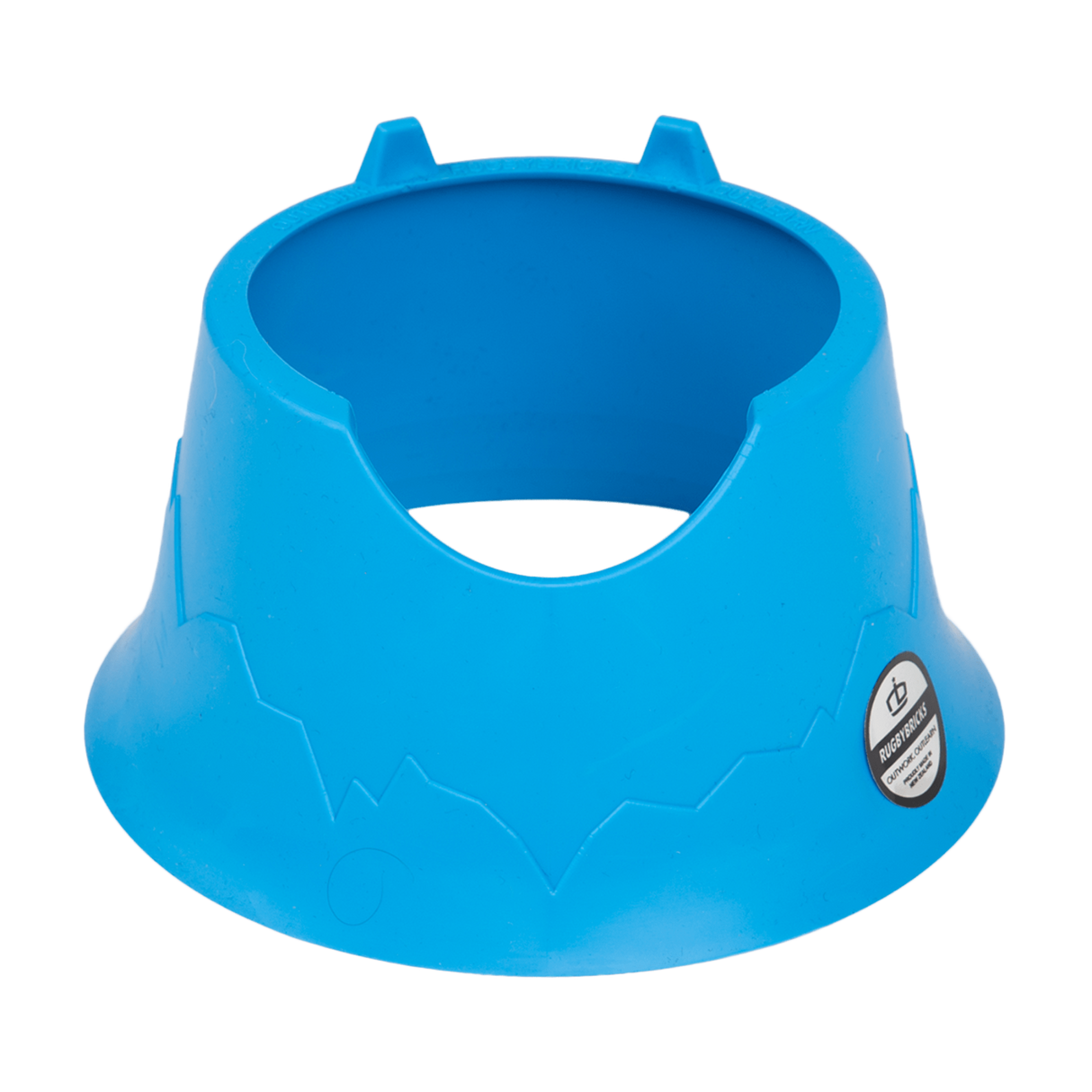 a Rugby Bricks blue dog bowl with a hole in the middle.