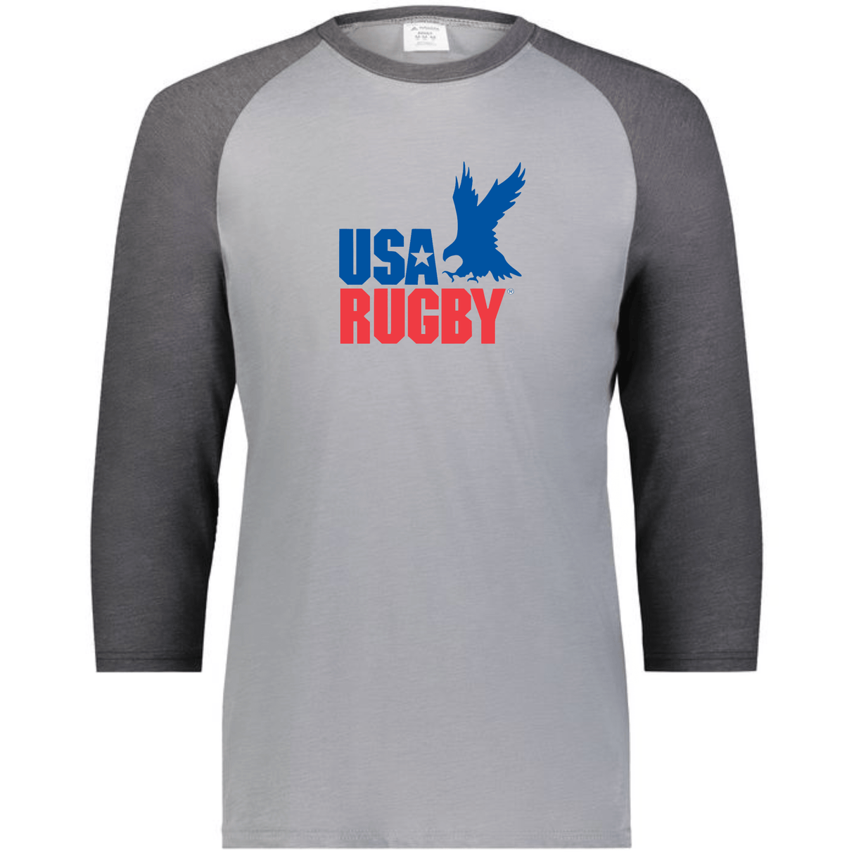 Grey 3/4 raglan sleeve t-shirt with dark grey collar and sleeves and a vintage USA Rugby blue and red logo that incorporates an Eagle and 'USA Rugby' inscription.