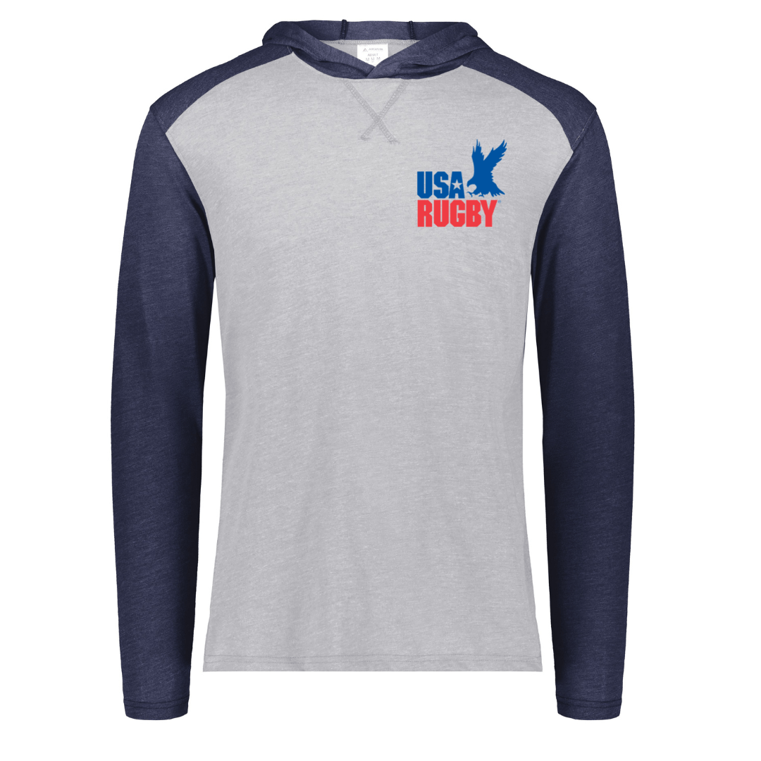 A grey and blue USA Rugby Throwback Vintage Hoodie.