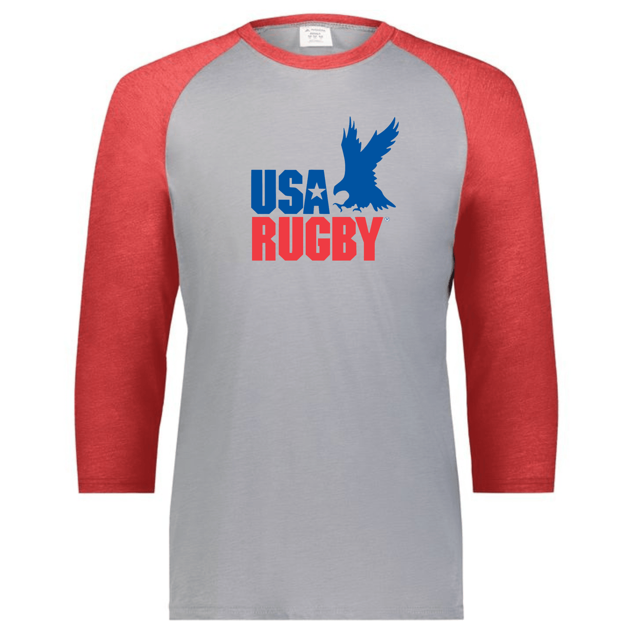 Grey 3/4 raglan sleeve t-shirt with red collar and sleeves and a vintage USA Rugby blue and red logo that incorporates an Eagle and 'USA Rugby' inscription.