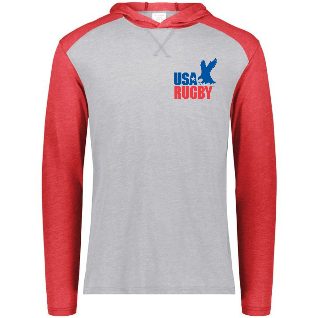 A gray and red USA Rugby Throwback Vintage Hoodie with the USA rugby logo on it.