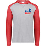 A gray and red USA Rugby Throwback Vintage Hoodie with the USA rugby logo on it.