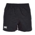 Canterbury's Professional Polyester Shorts in black feature an elastic waistband and a small white logo, perfect for professional rugby players.