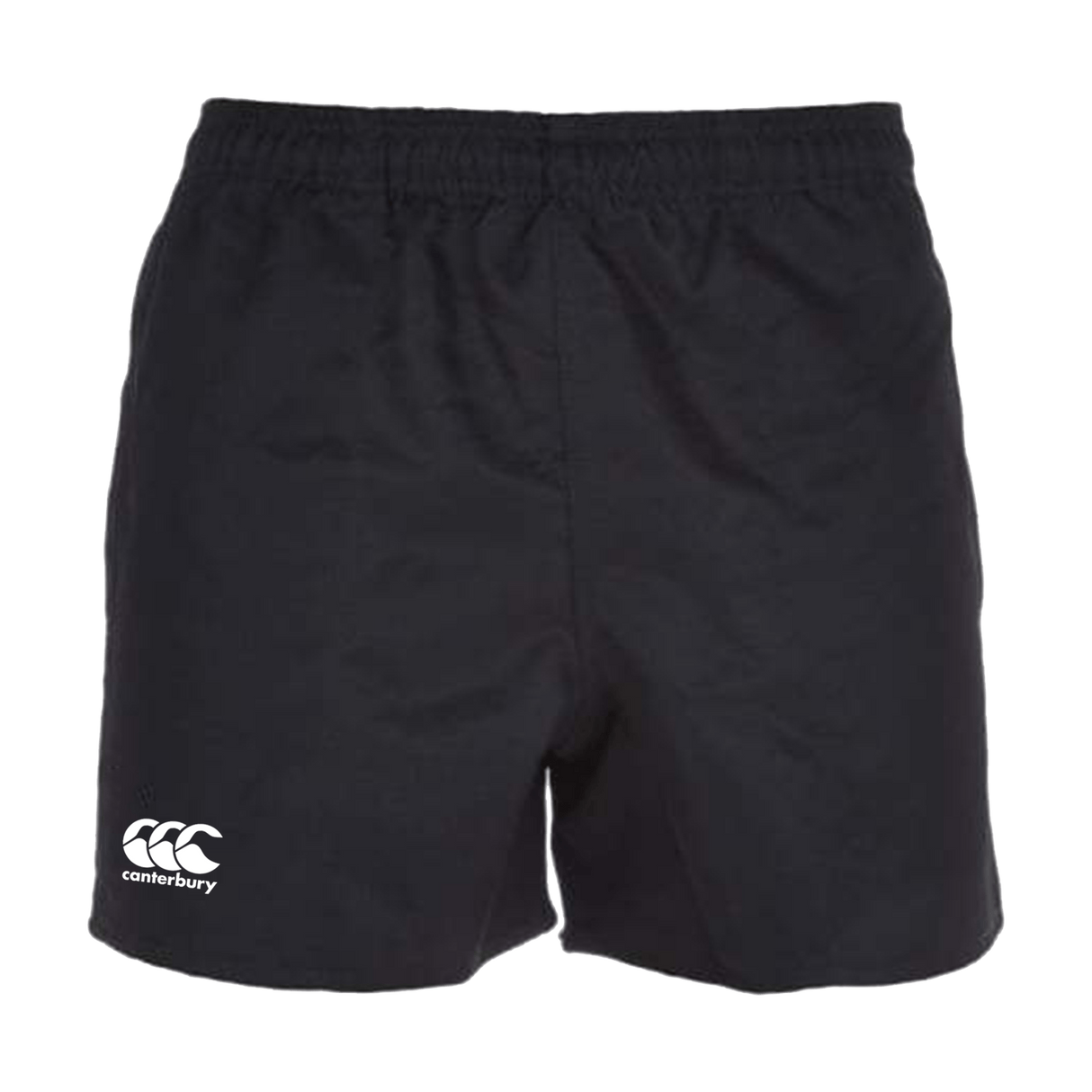 Canterbury's Professional Polyester Shorts in black feature an elastic waistband and a small white logo, perfect for professional rugby players.