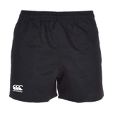 Canterbury's Professional Polyester Shorts in black feature an elastic waistband and a small white logo, perfect for professional rugby players.