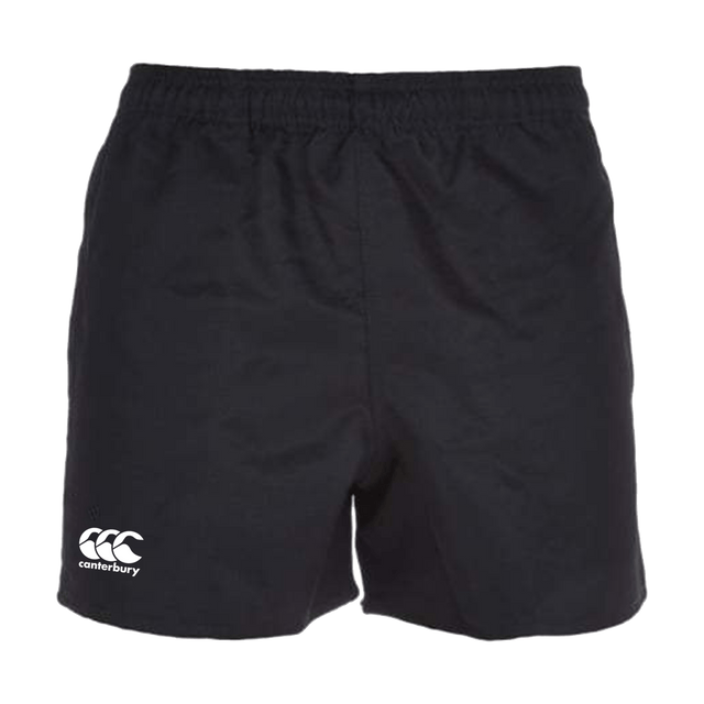 Canterbury's Professional Polyester Shorts in black feature an elastic waistband and a small white logo, perfect for professional rugby players.