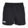 Canterbury's Professional Polyester Shorts in black feature an elastic waistband and a small white logo, perfect for professional rugby players.