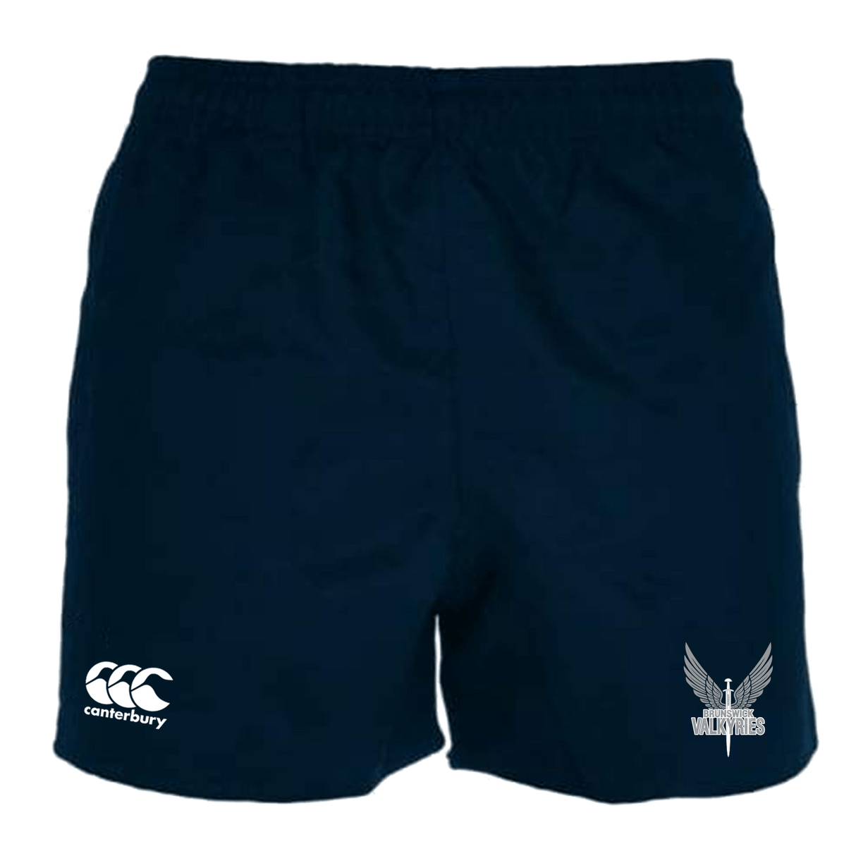 A pair of Brunswick Valkyries Canterbury Professional Polyester Pocketed Rugby Shorts with a white logo on the side.