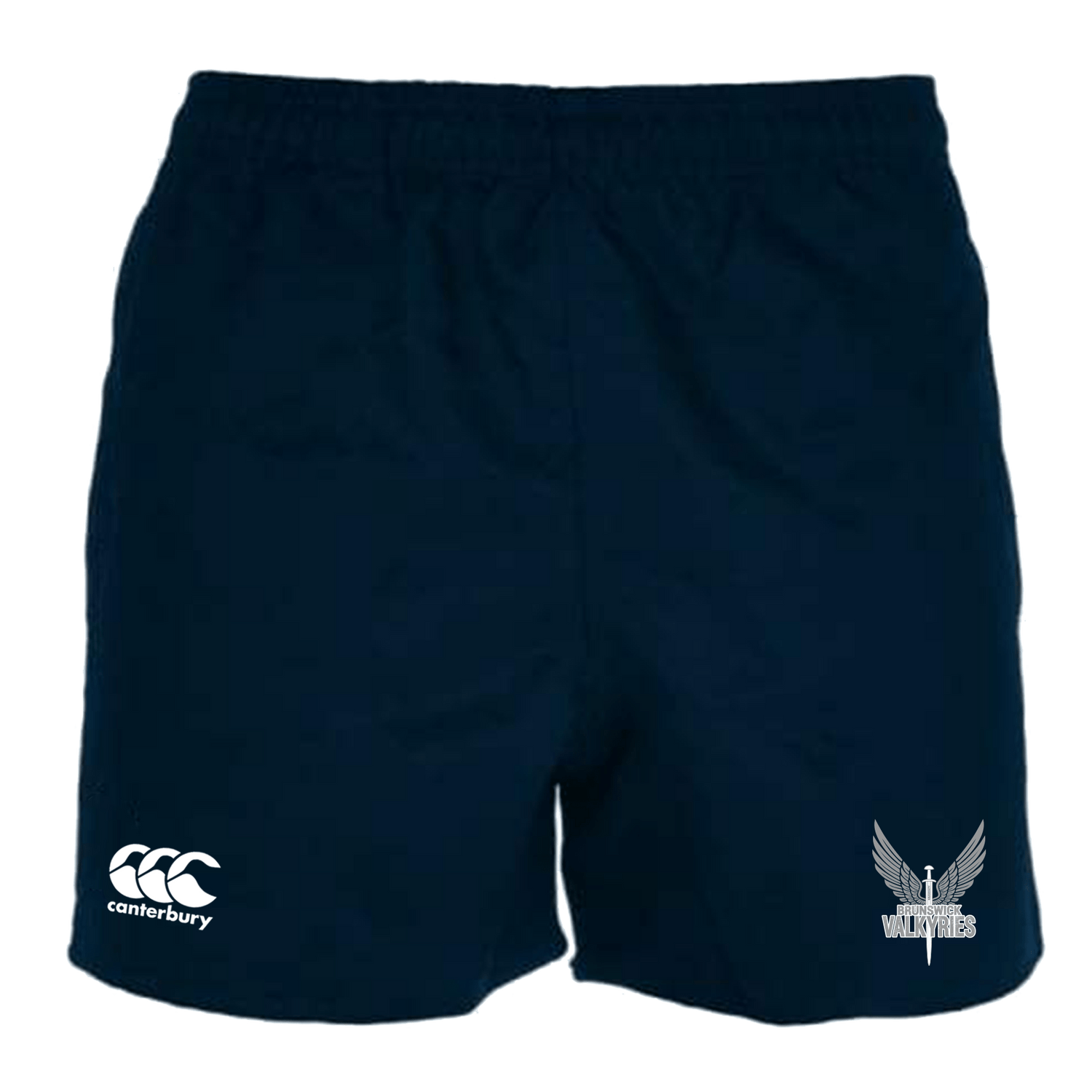 A pair of Brunswick Valkyries Canterbury Professional Polyester Pocketed Rugby Shorts with a white logo on the side.