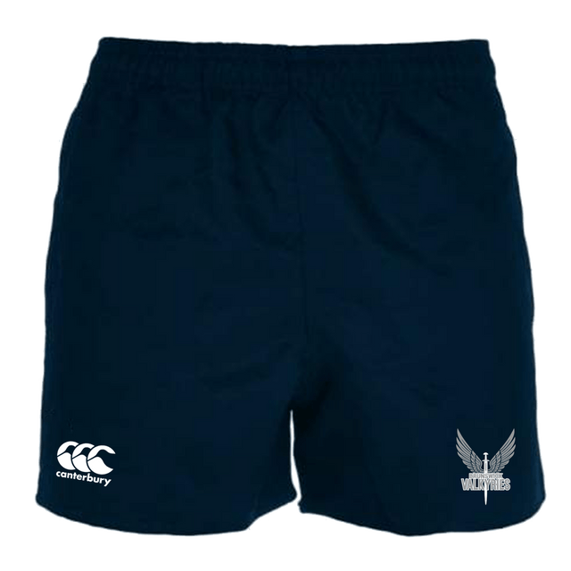 A pair of Brunswick Valkyries Canterbury Professional Polyester Pocketed Rugby Shorts with a white logo on the side.