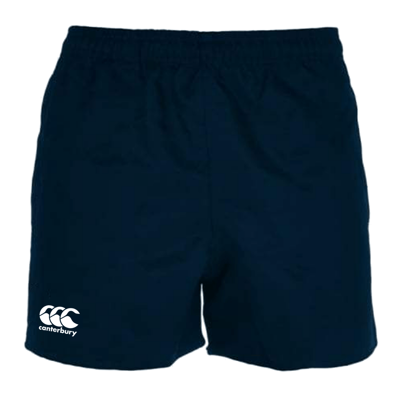 Navy Canterbury Professional Polyester Shorts offer an elastic waistband, iconic logo on the lower left, and are tailored for rugby fans wanting comfort and style.