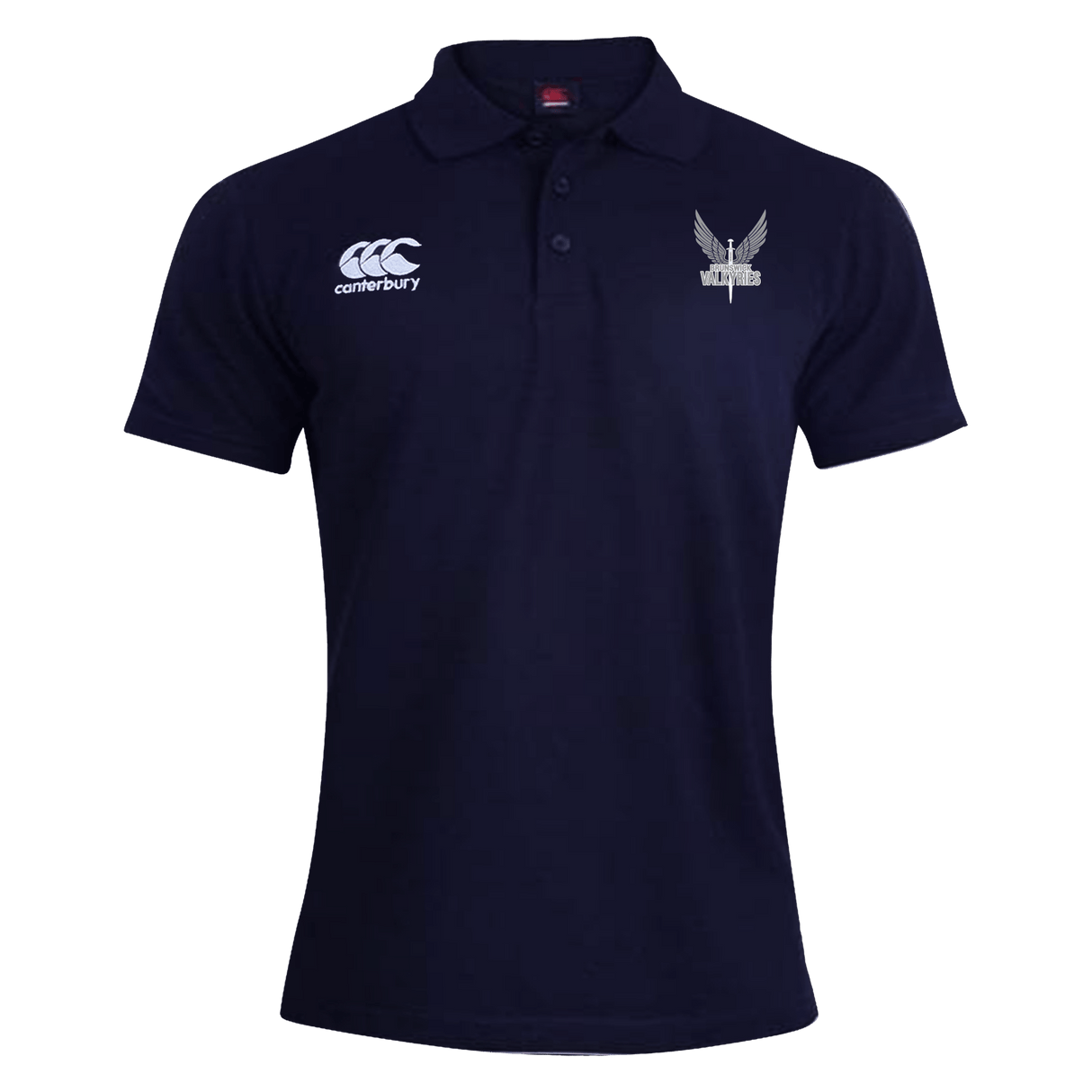 A Brunswick Valkyries Canterbury Waimak Rugby Polo with a white dragon on the chest.