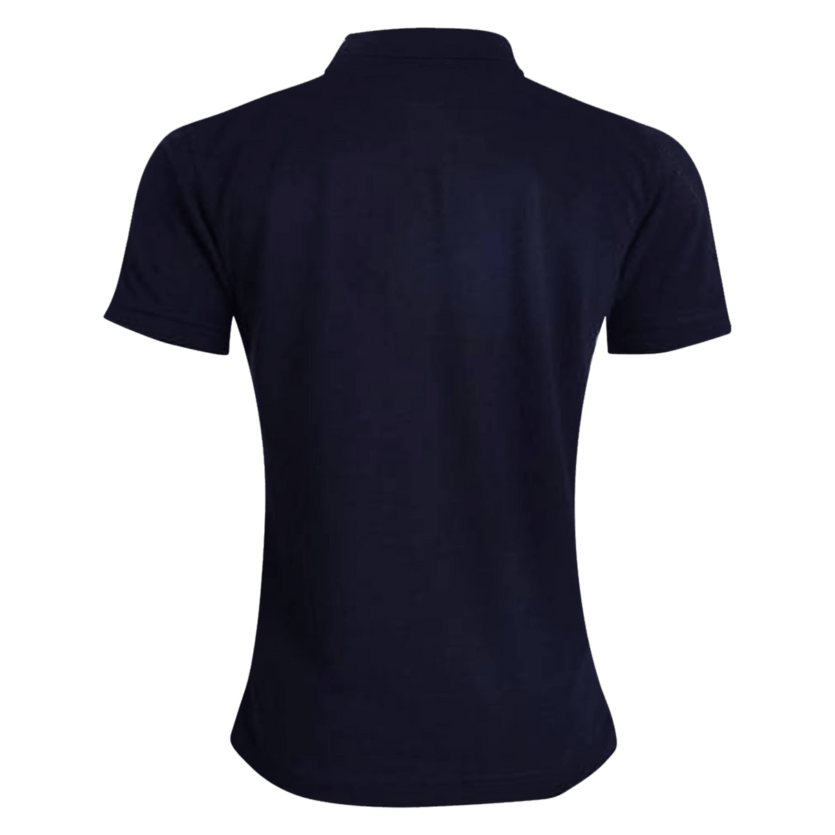 The back of a Langtree Rugby Club Canterbury Waimak Rugby Polo Navy on a green background.