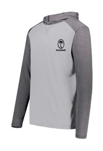 Side view of a Grey / Carbon grey hoodie with black Fiji Rugby logo over the heart.