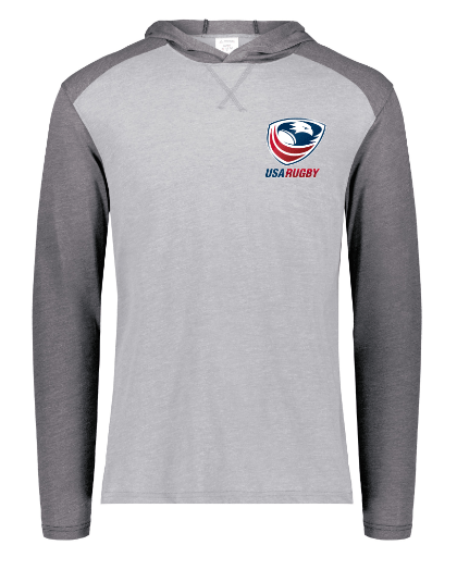 Grey/Dark Grey raglan t-shirt hoodie with a USAR logo over the heart.