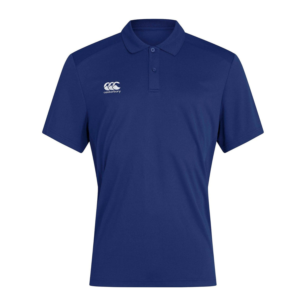 A Canterbury Club Dry Polo in blue with a white logo on the chest.