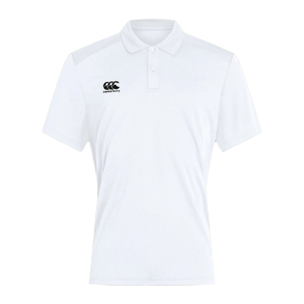A white Canterbury Club Dry Polo shirt with a black logo on the chest.