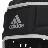 Close Up View of Silver adidas Logo on Black Rugby Scrum Cap
