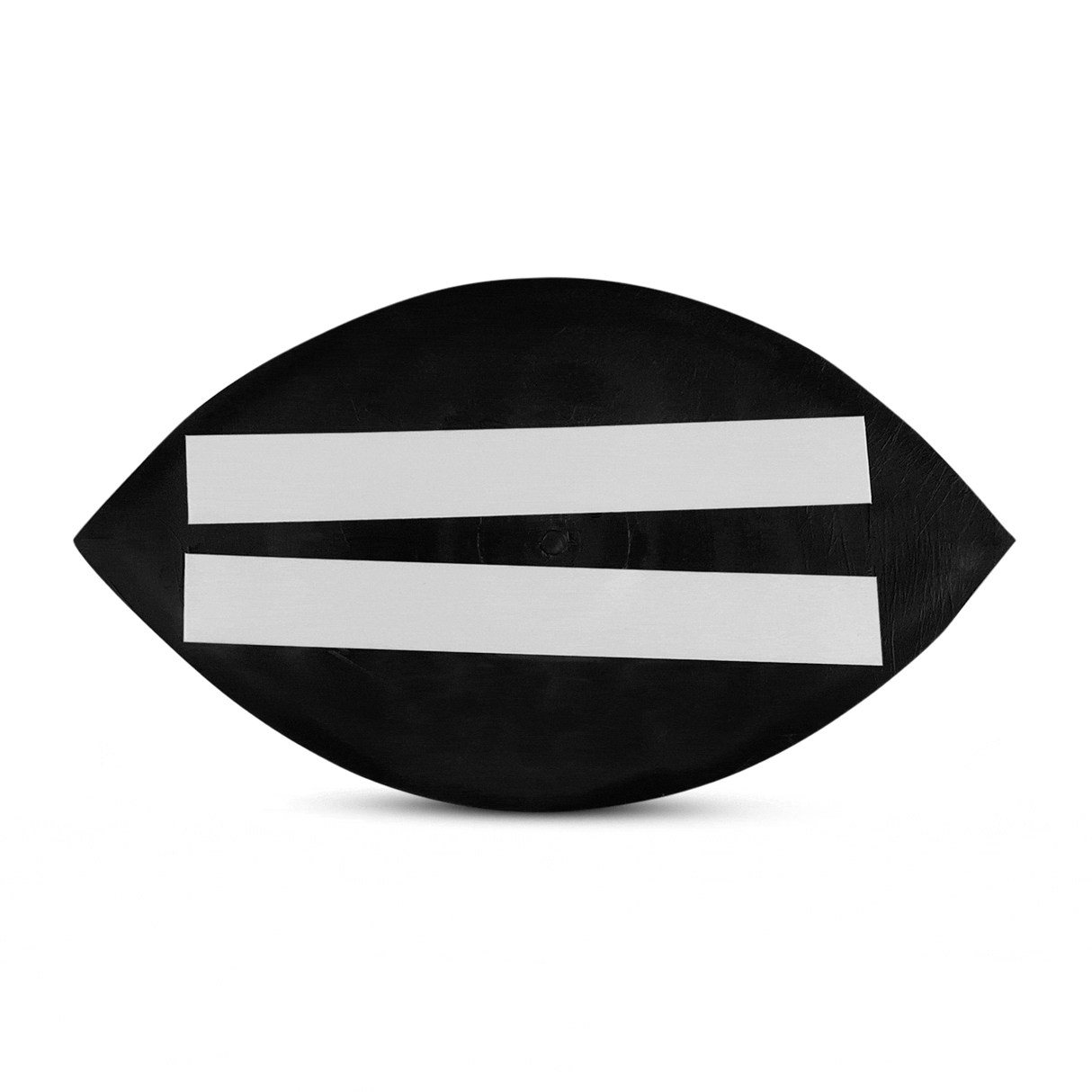 Back side of black rugby shaped decal with two tape strips.